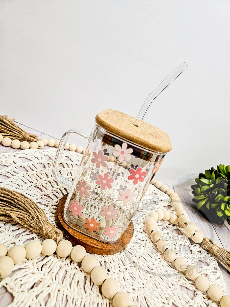 Tasse en verre marguerite rétro 20 oz carrée