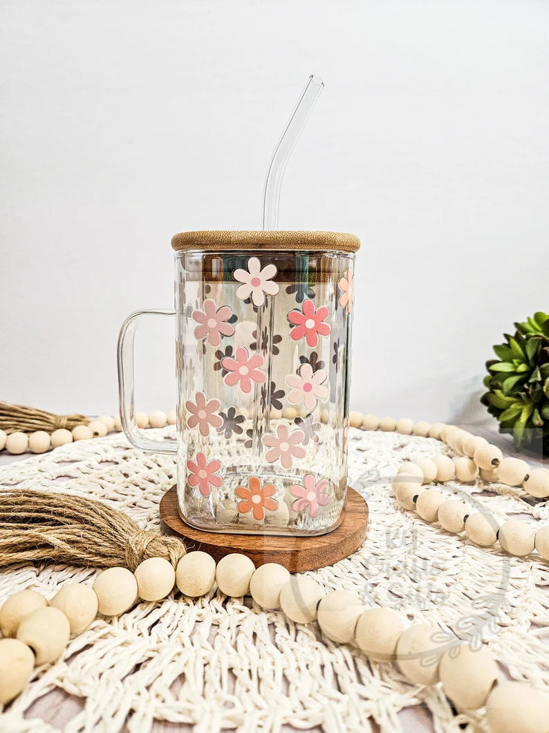 Tasse en verre marguerite rétro 20 oz carrée