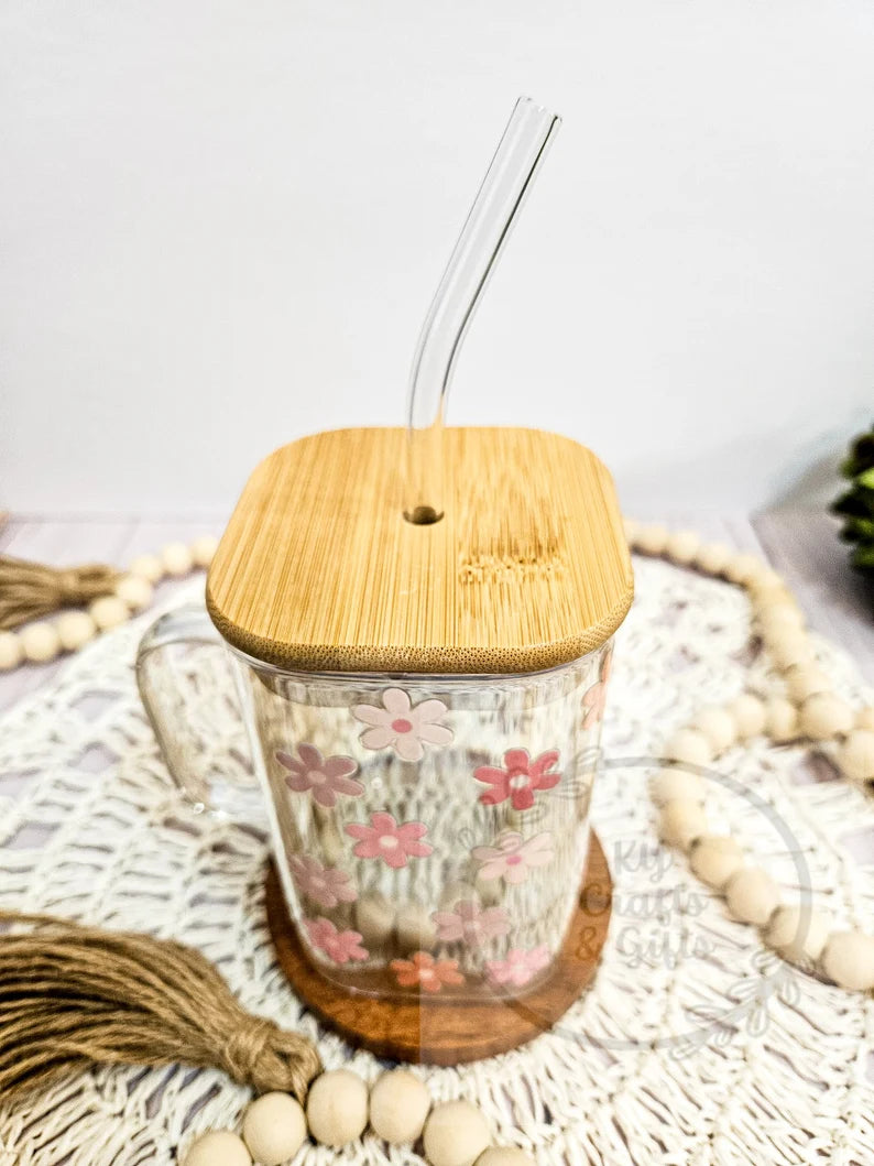 Tasse en verre marguerite rétro 20 oz carrée